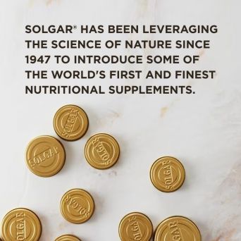 Solgar gold tablets with text highlighting the brand’s heritage since 1947 in nutritional supplements