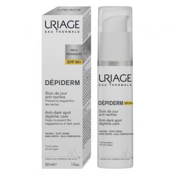 Uriage Depiderm Anti-Brown Spot Daytime Care SPF50+ 30ml with packaging box, designed to reduce dark spots, prevent hyperpigmentation, and protect skin with SPF 50+