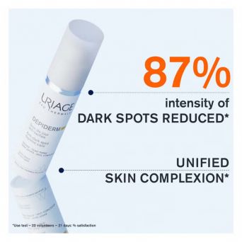 Uriage Depiderm product flatlay showing claim of 87% reduction in dark spot intensity and improvement in unified skin complexion after 21 days
