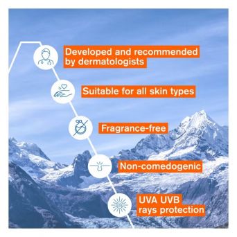 Mountain backdrop with Uriage Depiderm benefits listed: developed by dermatologists, suitable for all skin types, fragrance-free, non-comedogenic, UVA/UVB protection