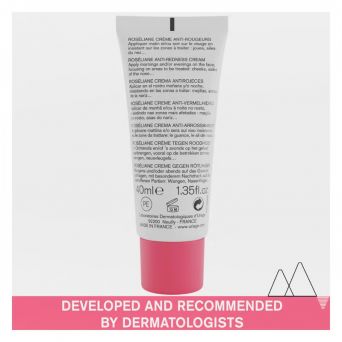Back of Uriage Roséliane Anti-Redness Moisturizing Cream tube with directions, ingredients, and usage instructions in multiple languages