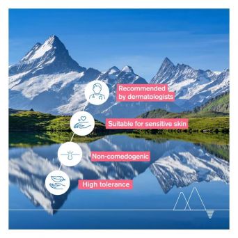 Visual with alpine mountains highlighting Uriage Roséliane cream benefits: dermatologist recommended, non-comedogenic, and suitable for sensitive skin