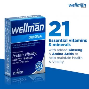 Vitabiotics Wellman Original 30 Tablets box with 21 essential vitamins and minerals including ginseng and amino acids