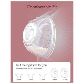 Momcozy V2 Pro ergonomic flange diagram highlighting the 105-degree angle and 5 custom sizing inserts for a comfortable, hospital-grade pumping experience.