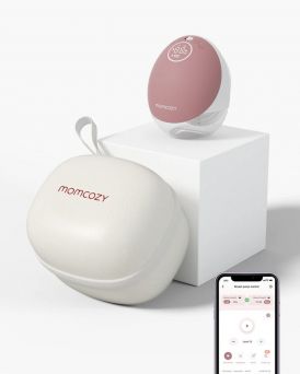 Momcozy M9 Mobile Flow wearable pump showing the 3rd Gen motor and smartphone app interface with Milk Boost and Milk Relief modes at CHS Pharmacy UAE