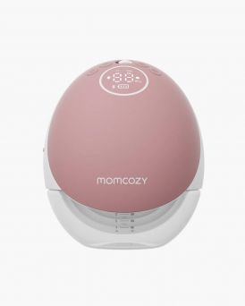 Momcozy M9 Mobile Flow double wearable breast pump units displaying the front-facing LED screen and the leak-proof side profile with a flat base at CHS Pharmacy UAE.