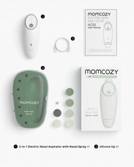 Unboxed Momcozy Electric Baby Nail File Kit NC02 showing the rechargeable trimmer, translucent storage case, 7 multi-age grinding pads, Type-C charging cable, and user manual at CHS Pharmacy UAE.