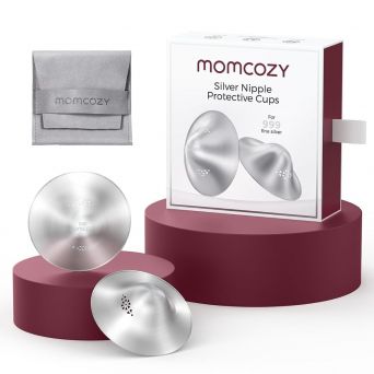 Momcozy 999 pure silver nipple protective cups complete set, showing the engraved 55mm Silverette-style nursing cups, storage pouch, and retail packaging box at CHS Pharmacy UAE.