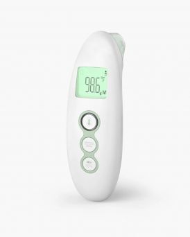 Momcozy FC-IR300 Infrared Thermometer for kids and adults featuring a large backlit LCD screen showing a 98.6°F reading, medical-grade sensors, and easy-touch buttons for 1-second clinical accuracy at CHS Pharmacy UAE.