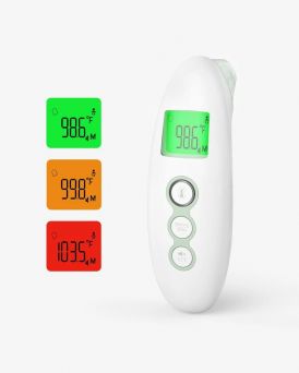 Momcozy FC-IR300 contactless infrared thermometer displaying its color-coded fever alert system on the LCD screen, showing green (98.6°F), orange (99.8°F), and red (103.5°F) readings for quick visual checks for kids and adults at CHS Pharmacy UAE.
