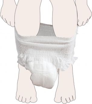 Illustration of Momcozy Disposable Period Underwear showing the secure, high-waist fit and full 360-degree coverage. These postpartum diapers feature three-dimensional side protection for leak-proof overnight comfort during recovery at CHS Pharmacy UAE.