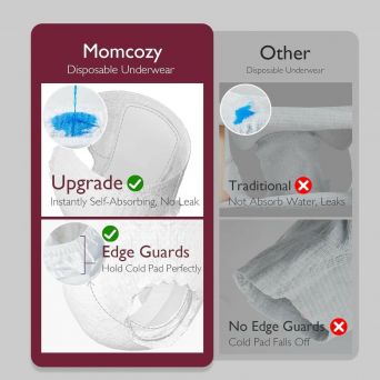 Comparison infographic between Momcozy Disposable Underwear and traditional brands. Highlights Momcozy’s upgraded instantly self-absorbing core for no leaks and built-in edge guards to hold cold pads perfectly, whereas traditional mesh underwear lacks abs