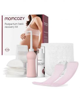 Complete 12-piece Momcozy Postpartum Basic Recovery Kit displayed alongside its packaging. The set includes essential items: an upside-down peri bottle, tea tree and witch hazel cooling foam, disposable postpartum underwear, long cold soothing pads, and n