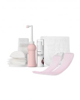 Contents of the Momcozy Postpartum Basic Recovery Kit shown without packaging. Includes essential items for hospital bags: an upside-down peri bottle, tea tree witch hazel cooling foam, disposable postpartum underwear, long cold soothing pads, and nursing