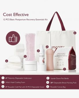 Contents of the Momcozy Postpartum Basic Recovery Kit shown without packaging. Includes essential items for hospital bags: an upside-down peri bottle, tea tree witch hazel cooling foam, disposable postpartum underwear, long cold soothing pads, and nursing