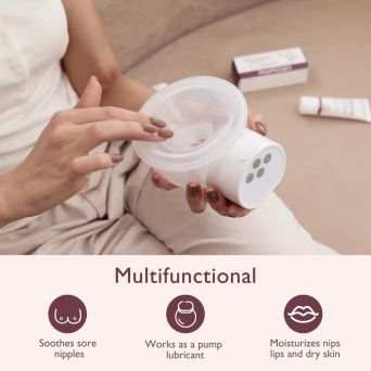 Demonstration of Momcozy Nipple Cream being used as a pump lubricant by applying a thin layer to a breast pump flange. The infographic highlights its multifunctional benefits: soothing sore nipples, acting as a lubricant to reduce friction during pumping,