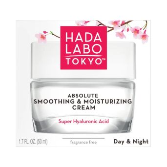 Hada Labo Absolute Smoothing Cream jar front view, day and night hyaluronic acid face cream