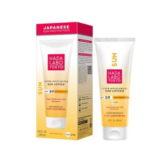 Hada Labo Super Moisturizer Sun Lotion SPF 50 201ml package and tube, moisturizing sunscreen UAE