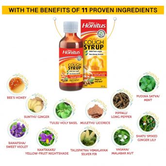 Benefits of Dabur Honitus Cough Syrup featuring 11 natural herbal ingredients including honey, ginger, tulsi, and licorice