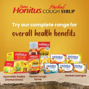 Range of Dabur Honitus cough and cold products including syrup, hot sip, and lozenges
