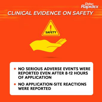 Clinically tested Dabur Rapidex Muscle Pain Relief Patch image showcasing safety and proven effectiveness on muscle and joint pain