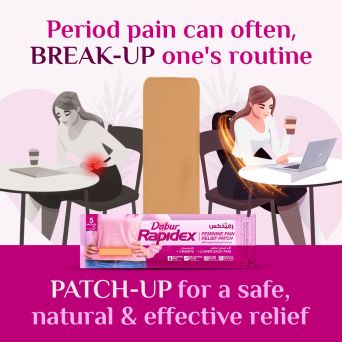 Dabur Rapidex feminine pain relief patch packaging and patch visual for period pain relief