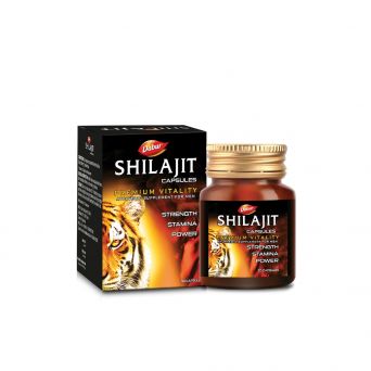 Dabur Shilajit Capsules pack and bottle front view for vitality and stamina
