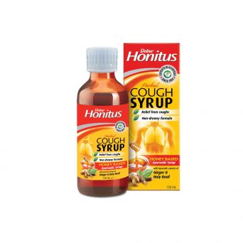 Dabur Honitus Herbal Cough Syrup bottle and box front view with honey and herbs