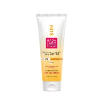 Hada Labo SPF 50 hydrating sunscreen tube front, hyaluronic acid sun lotion for face and body