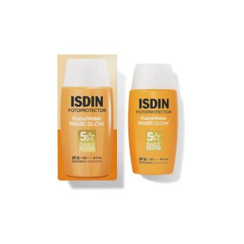 ISDIN Fusion Water Magic Glow SPF 50 carton and 50ml bottle, lightweight daily glow sunscreen