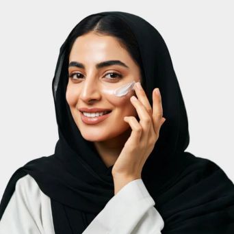 Woman applying Hada Labo moisturizing cream for face, lightweight hyaluronic acid formula for smooth skin