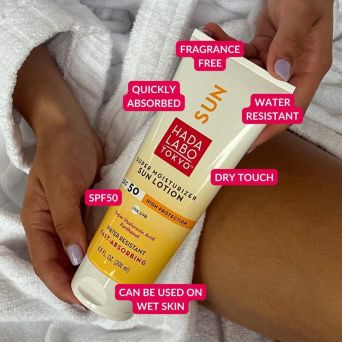 Hada Labo moisturizing sunscreen SPF 50 features: no white cast, fragrance-free, hyaluronic acid