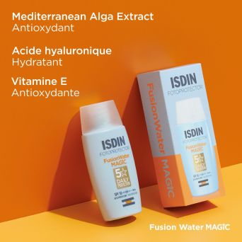 ISDIN Fusion Water Magic SPF 50 bottle and box with Hyaluronic Acid, Vitamin E and alga extract