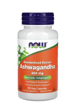 NOW Ashwagandha 450mg 90 Veg Capsules front label