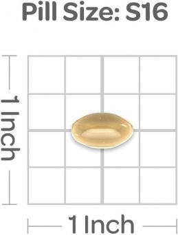 Puritan’s Pride Vitamin D3 2000 IU softgel shown on 1-inch grid for pill size reference