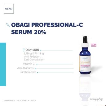 Obagi 20% vitamin C serum benefits infographic for oily skin, lifting firming anti pollution dull complexion