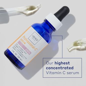 Obagi Professional-C Serum 20% bottle with serum droplets, highest concentrated vitamin C serum for face