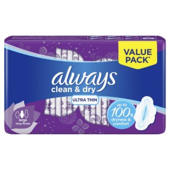 Always Clean & Dry Ultra-Thin, Large Sanitary Pads with Wings, 16 Pads