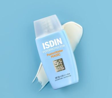 ISDIN Fusion Water Magic SPF 50 water-based sunscreen 50ml bottle with lightweight cream texture