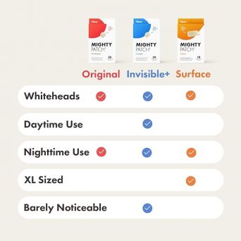 Chart comparing the mighty patch surface 10 pack with other official hero cosmetics UAE products for XL sizing.