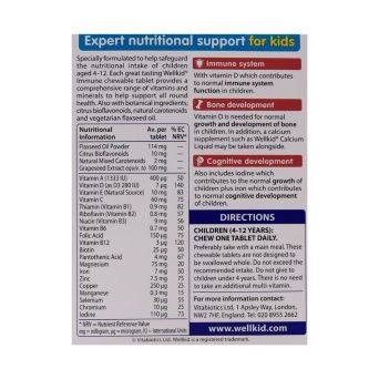 Wellkid Immune Chewable nutritional information: 24 nutrients per tablet including vitamin D 280 IU