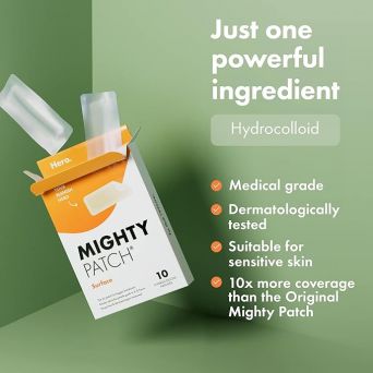 Ingredients of the hero mighty patch surface 10's showing medical grade, MOHAP approved acne patches.