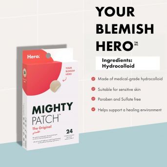 Hero Mighty Patch Original highlighting its single powerful ingredient: medical grade hydrocolloid that is clinically tested and safe for all skin types.