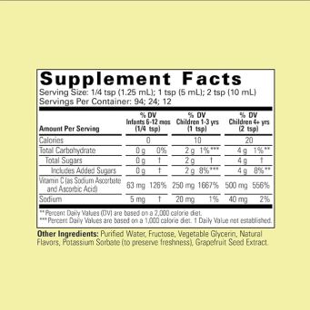 ChildLife Liquid Vitamin C supplement facts: 250mg vitamin C per teaspoon as sodium ascorbate