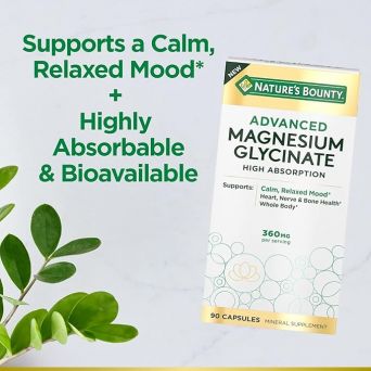 Nature's Bounty Advanced Magnesium Glycinate bottle placed beside green leaves, highlighting calm and relaxed mood support