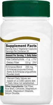 Supplement facts label of 21st Century Echinacea Complex 250mg with ingredients