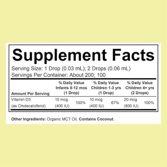 ChildLife Organic D3 supplement facts: 400 IU vitamin D3 per drop with daily values by age band
