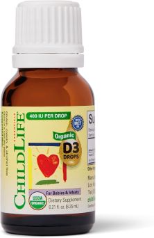 ChildLife Organic D3 Drops 6.25ml amber glass bottle with dropper for infant vitamin D dosing