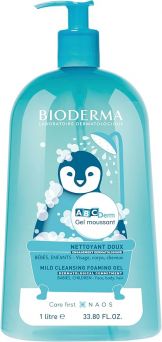 Front view of Bioderma Abcderm Gel Moussant Mild Cleansing Foaming Gel 1000ml bottle held in hand