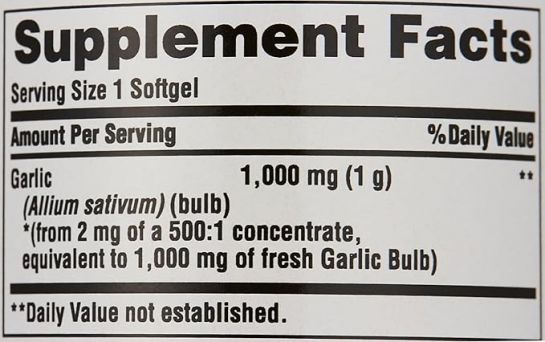 Puritan's Pride Garlic Oil capsules for circulation and cardiovascular health Supplement Facts